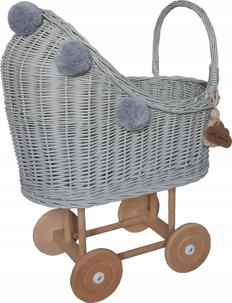 wysoki wózek wiklinowy dla lalek szary z szarymi pomponami pomysł na prezent